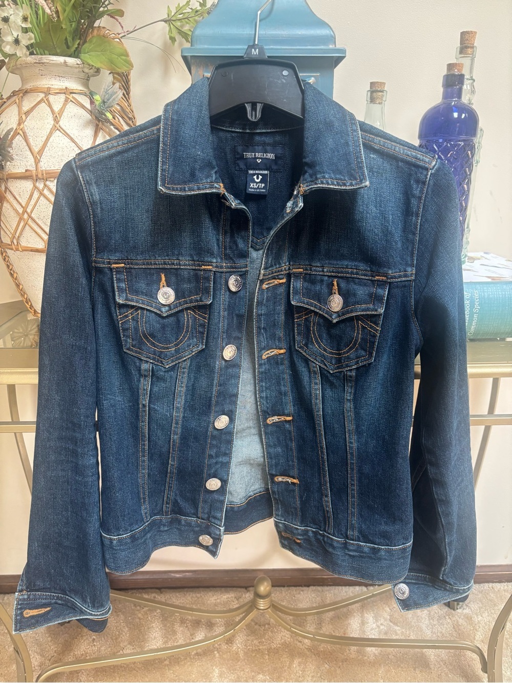 True Religion Indigo Blue Denim Cropped Trucker Jean Jacket Sz XS/TP